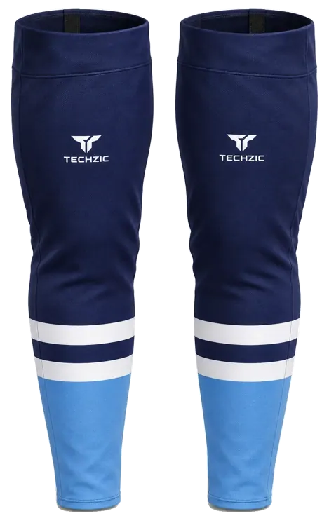 TECHZIC Pro Cut-and-Sew Hockey Socks - C1100-000 in Navy / White / Sky Blue · Design 2