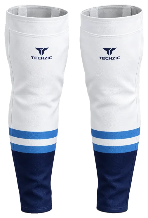 TECHZIC Pro Cut-and-Sew Hockey Socks - C1100-000 in White / Sky Blue / Navy · Design 2