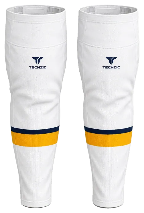 TECHZIC Pro Cut-and-Sew Hockey Socks - C1100-000 in White / Navy / Gold · Design 1