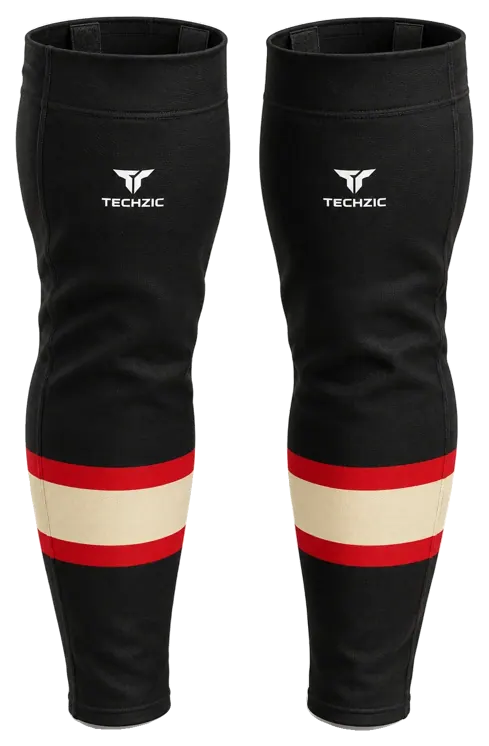 TECHZIC Pro Cut-and-Sew Hockey Socks - C1100-000 in Black / Red / Cream