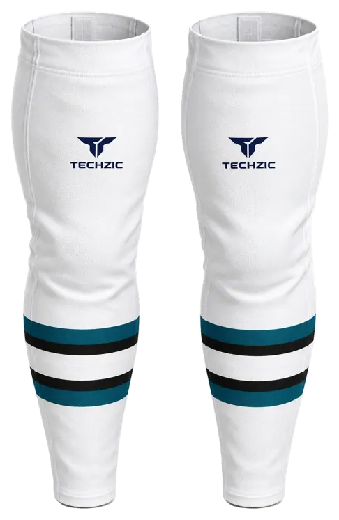 TECHZIC Pro Cut-and-Sew Hockey Socks - C1100-000 in White / Teal / Black
