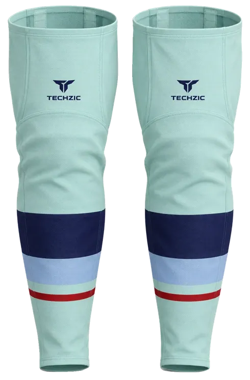 TECHZIC Pro Cut-and-Sew Hockey Socks - C1100-000 in Seafoam / Navy / Sky Blue / Red