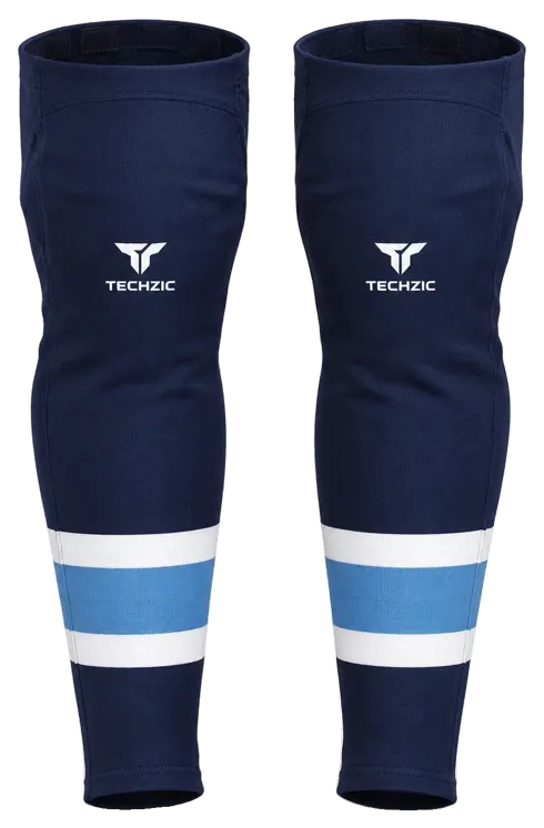 TECHZIC Pro Cut-and-Sew Hockey Socks - C1100-000 in Navy / White / Sky Blue · Design 3