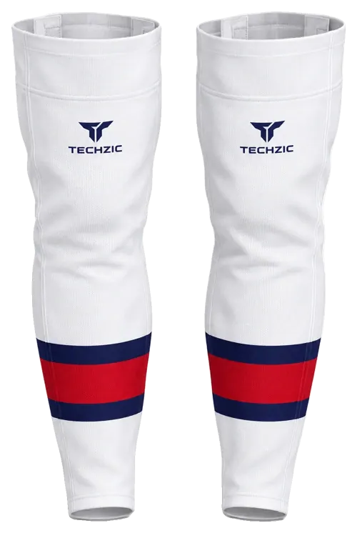 TECHZIC Pro Cut-and-Sew Hockey Socks - C1100-000 in White / Navy / Red · Design 1