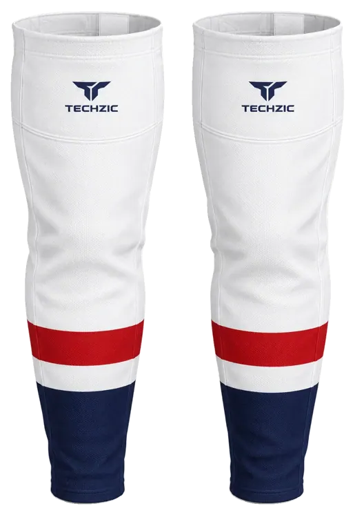 TECHZIC Pro Cut-and-Sew Hockey Socks - C1100-000 in White / Red / Navy · Design 2