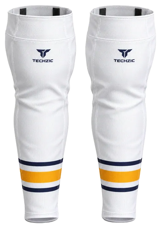 TECHZIC Pro Cut-and-Sew Hockey Socks - C1100-000 in White / Navy / Gold · Design 2