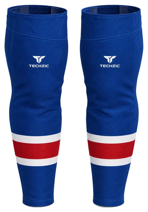 TECHZIC Pro Cut-and-Sew Hockey Socks - C1100-000 in Royal Blue / White / Red · Design 2