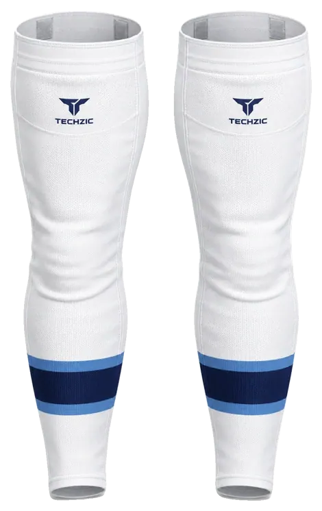 TECHZIC Pro Cut-and-Sew Hockey Socks - C1100-000 in White / Sky Blue / Navy · Design 3