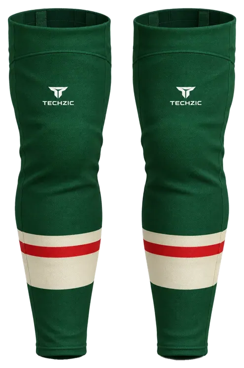 TECHZIC Pro Cut-and-Sew Hockey Socks - C1100-000 in Forest Green / Cream / Red