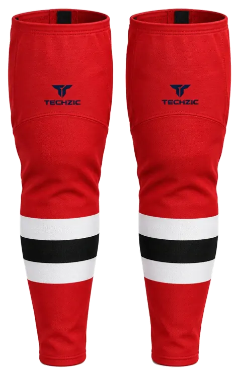 TECHZIC Pro Cut-and-Sew Hockey Socks - C1100-000 in Red / White / Black · Design 3