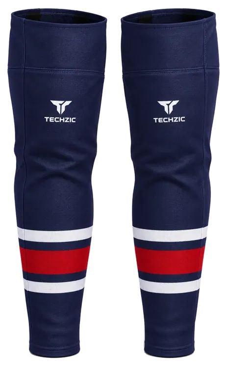 TECHZIC Pro Cut-and-Sew Hockey Socks - C1100-000 in Navy / White / Red · Design 2