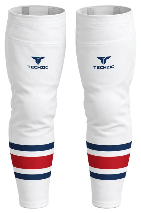 TECHZIC Pro Cut-and-Sew Hockey Socks - C1100-000 in White / Navy / Red · Design 2