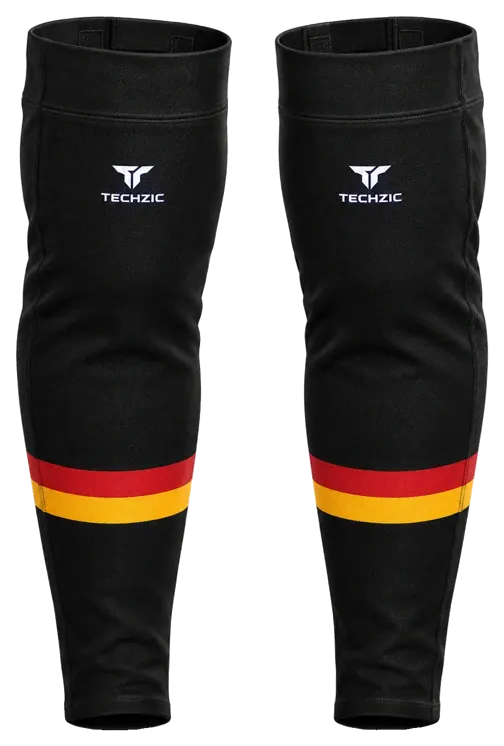TECHZIC Pro Cut-and-Sew Hockey Socks - C1100-000 in Black / Red / Gold · Design 2