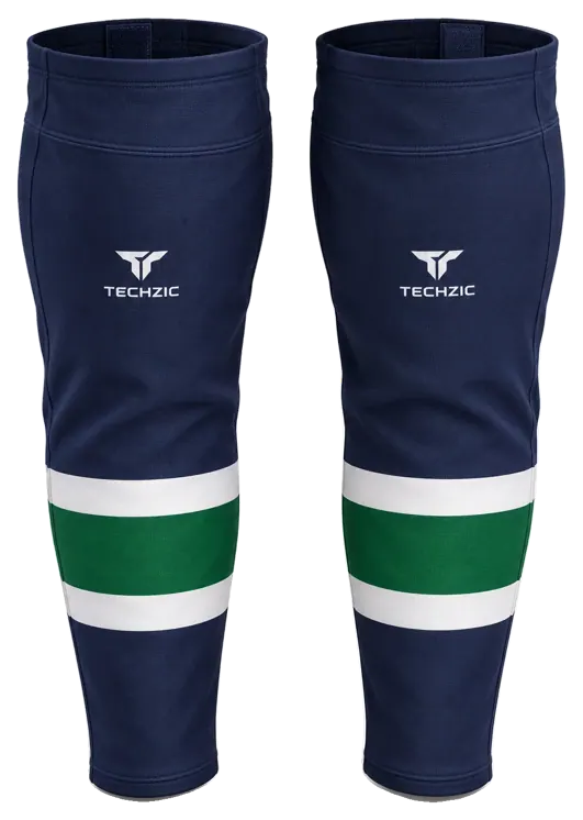 TECHZIC Pro Cut-and-Sew Hockey Socks - C1100-000 in Navy / Grey / White / Kelly Green