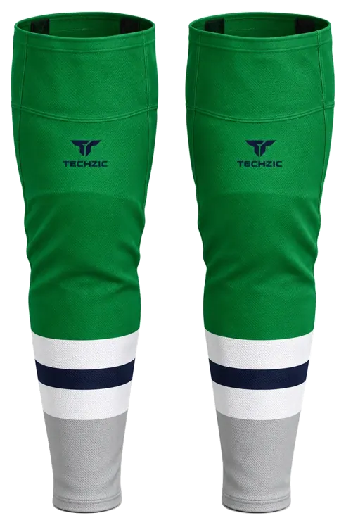TECHZIC Pro Cut-and-Sew Hockey Socks - C1100-000 in Kelly Green / Grey / Navy / White