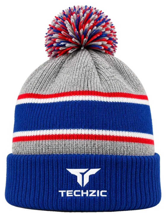 TECHZIC Custom Knit Pom Beanie 2401 - Grey / Royal / Red
