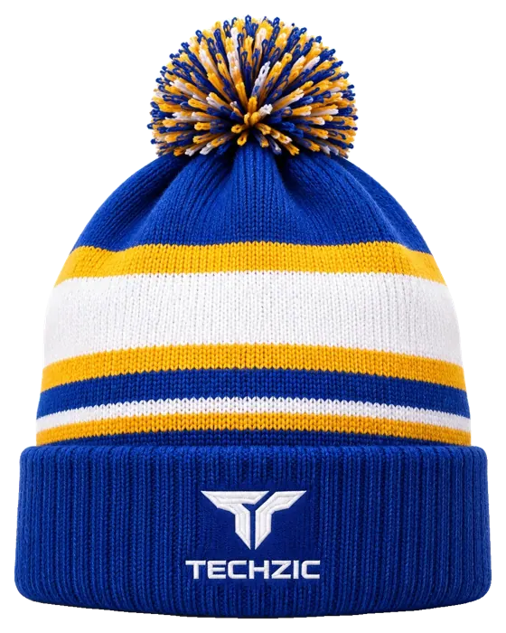 TECHZIC Custom Knit Pom Beanie 2403 - Royal / Gold / White