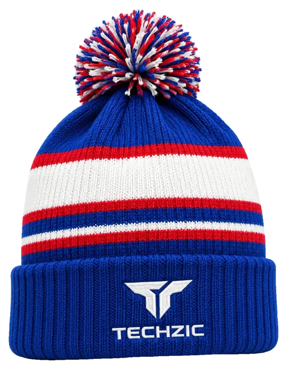 TECHZIC Custom Knit Pom Beanie 2404 - Royal / Red / White