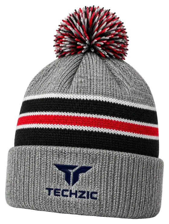 TECHZIC Custom Knit Pom Beanie 2405 - Grey / Black / Red