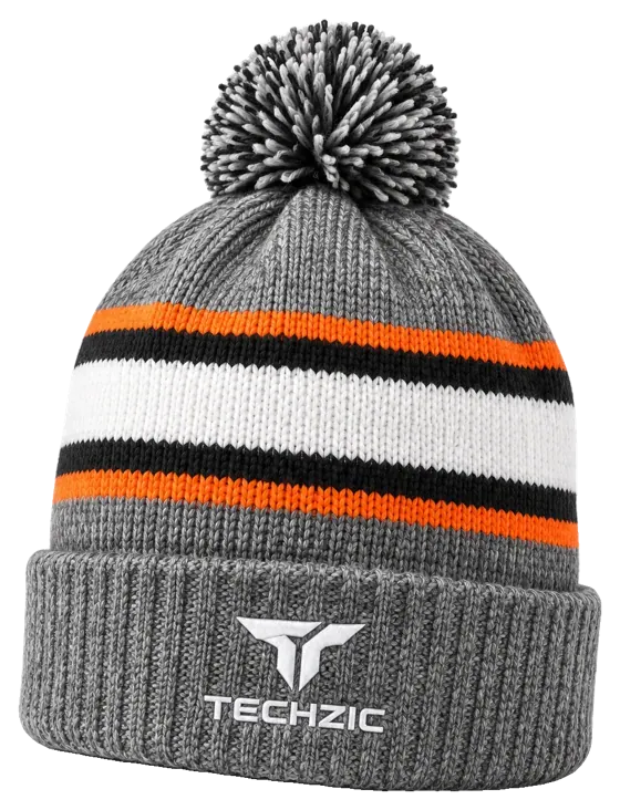 TECHZIC Custom Knit Pom Beanie 2407 - Grey / Black / Orange