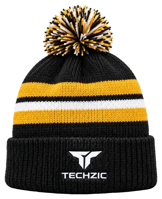 TECHZIC Custom Knit Pom Beanie 2409 - Black / Gold / White