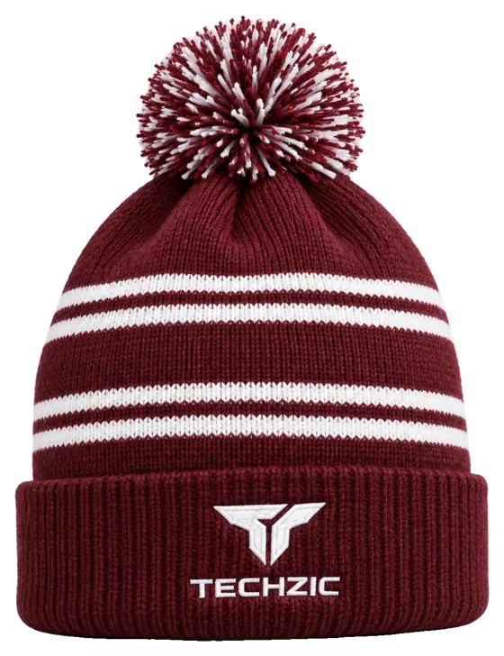TECHZIC Custom Knit Pom Beanie 2410 - Burgundy / White