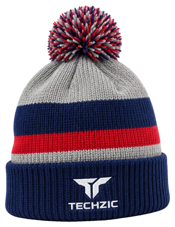 TECHZIC Custom Knit Pom Beanie 2411 - Grey / Navy / Red