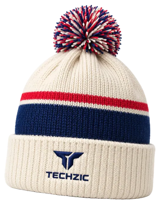 TECHZIC Custom Knit Pom Beanie 2413 - Cream / Navy / Red