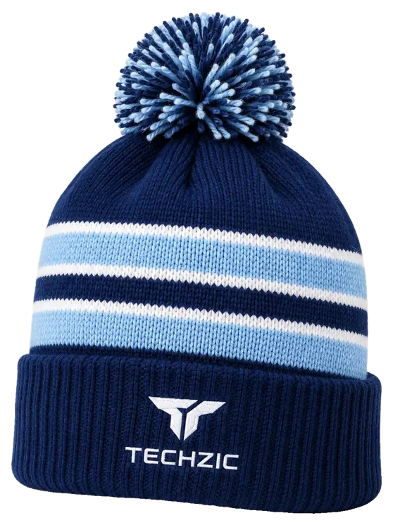 TECHZIC Custom Knit Pom Beanie 2414 - Navy / Ice Blue / White