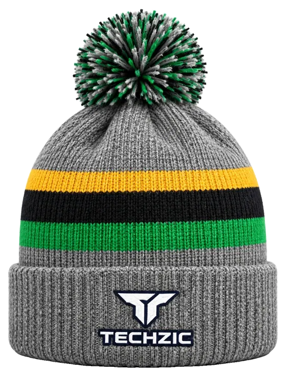 TECHZIC Custom Knit Pom Beanie 2416 - Grey / Gold / Black / Green