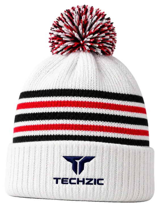 TECHZIC Custom Knit Pom Beanie 2417 - White / Black / Red