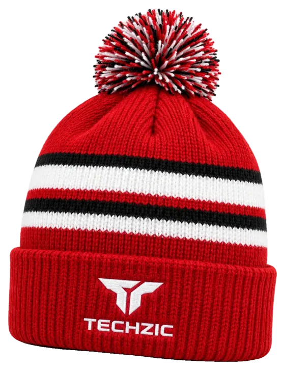 TECHZIC Custom Knit Pom Beanie 2418 - Red / White / Black