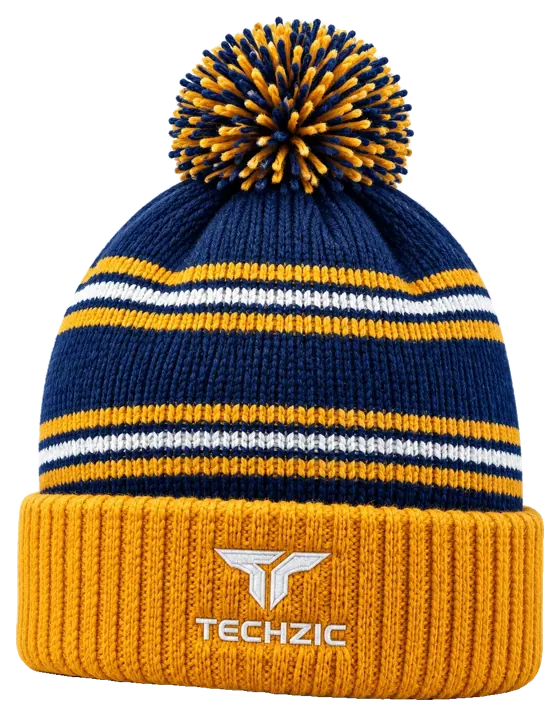 TECHZIC Custom Knit Pom Beanie 2421 - Navy / Gold / White