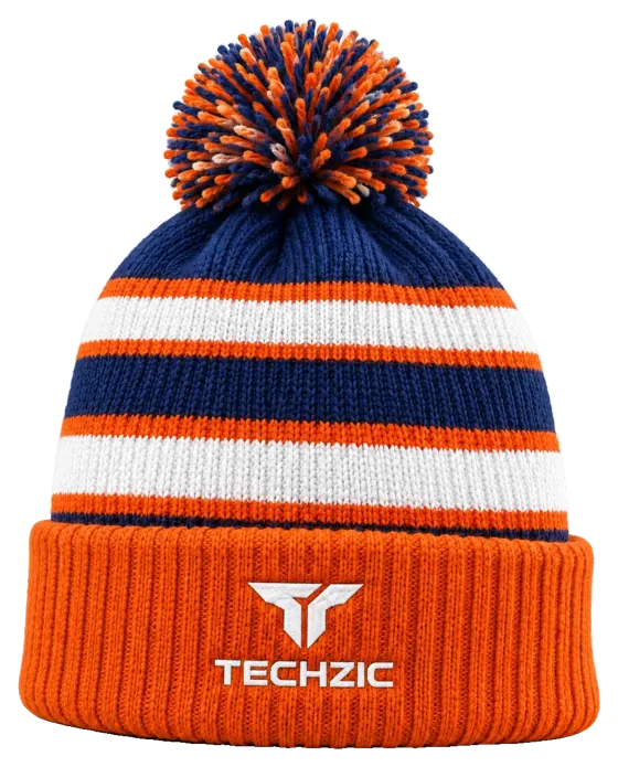 TECHZIC Custom Knit Pom Beanie 2422 - Navy / Orange / White