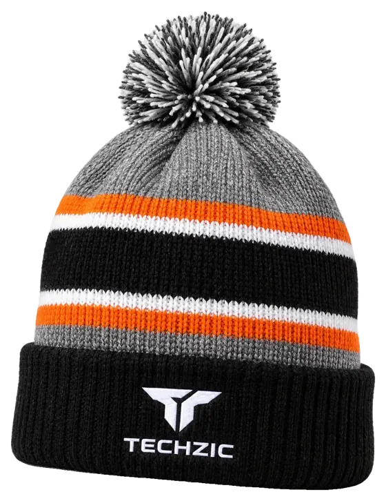 TECHZIC Custom Knit Pom Beanie 2423 - Grey / Orange / White / Black