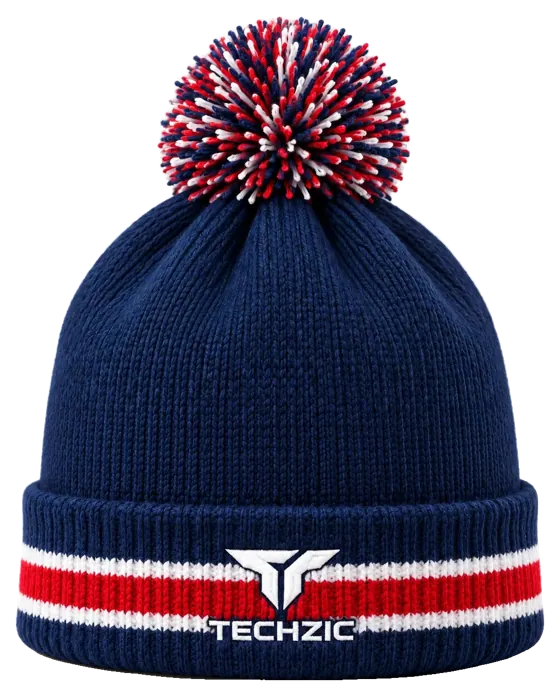 TECHZIC Custom Knit Pom Beanie 2424 - Navy / Red / White
