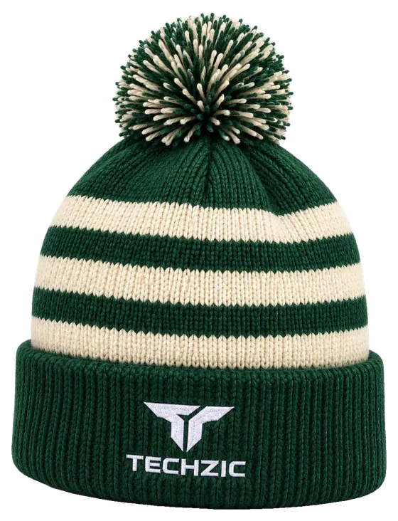 TECHZIC Custom Knit Pom Beanie 2426 - Forest Green / Cream