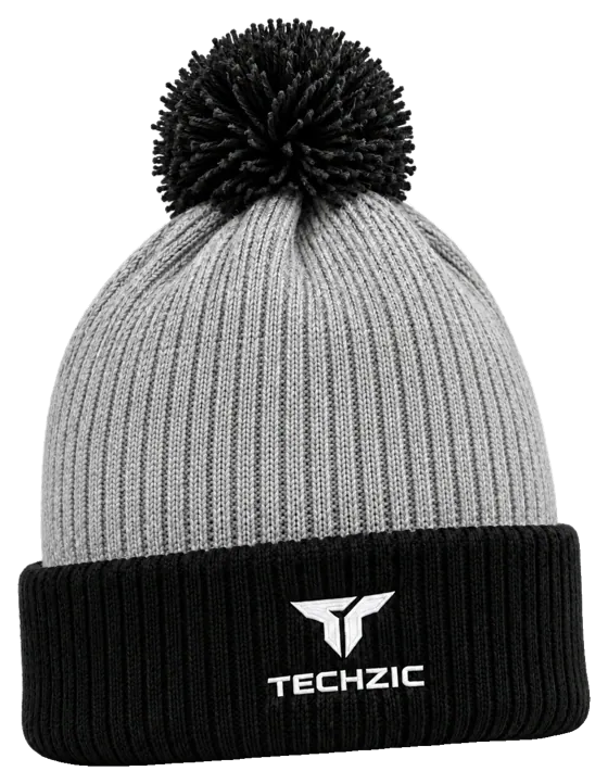 TECHZIC Custom Knit Pom Beanie 2427 - Light Grey / Black