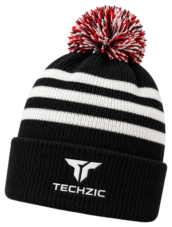 TECHZIC Three-Stripe Pom Beanie