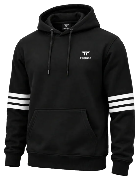 TECHZIC Stripe Fleece Hoodie in Black / White