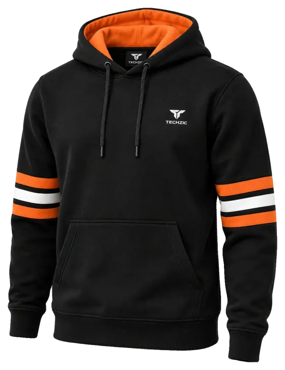 TECHZIC Stripe Fleece Hoodie in Black / Orange / White