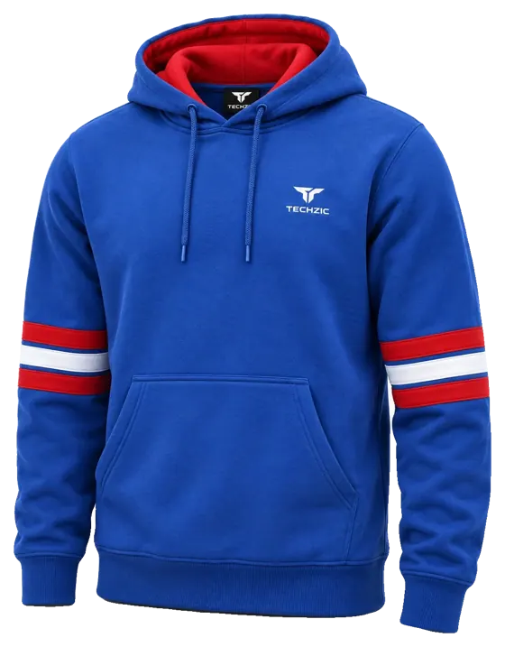 TECHZIC Stripe Fleece Hoodie in Royal Blue / Red / White