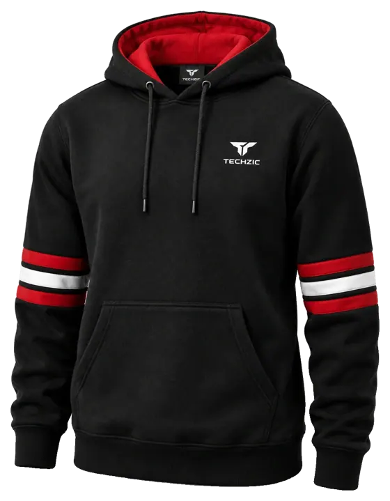 TECHZIC Stripe Fleece Hoodie in Black / Red / White