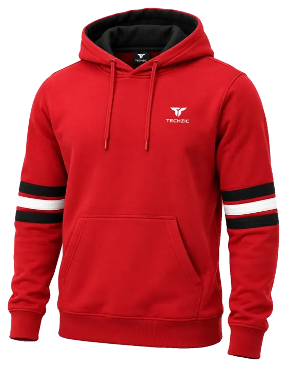 TECHZIC Stripe Fleece Hoodie in Red / Black / White