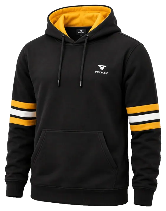 TECHZIC Stripe Fleece Hoodie in Black / Gold / White