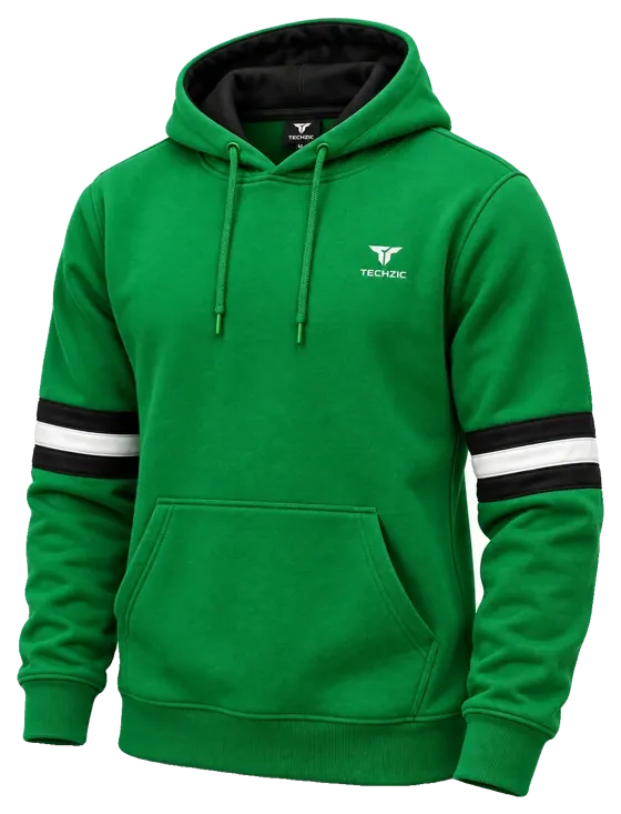 TECHZIC Stripe Fleece Hoodie in Kelly Green / Black / White