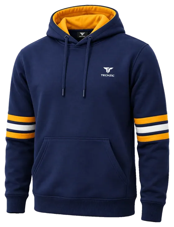 TECHZIC Stripe Fleece Hoodie in Navy / Gold / White