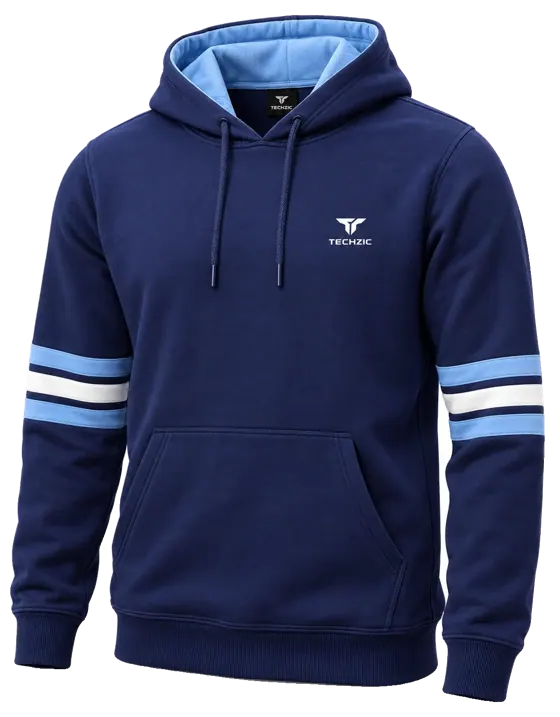 TECHZIC Stripe Fleece Hoodie in Navy / Sky Blue / White