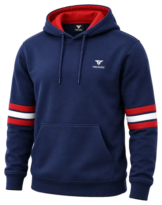 TECHZIC Stripe Fleece Hoodie in Navy / Red / White