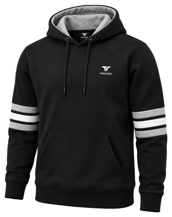 TECHZIC Stripe Fleece Hoodie in Black / Grey / White